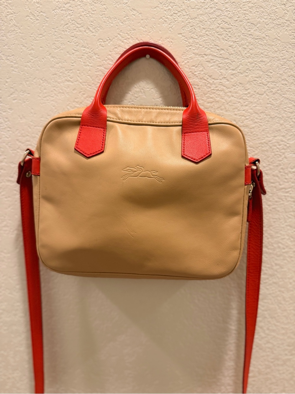 Longchamp Beige and Red Leather Satchel Handbag - Picture 6 of 14